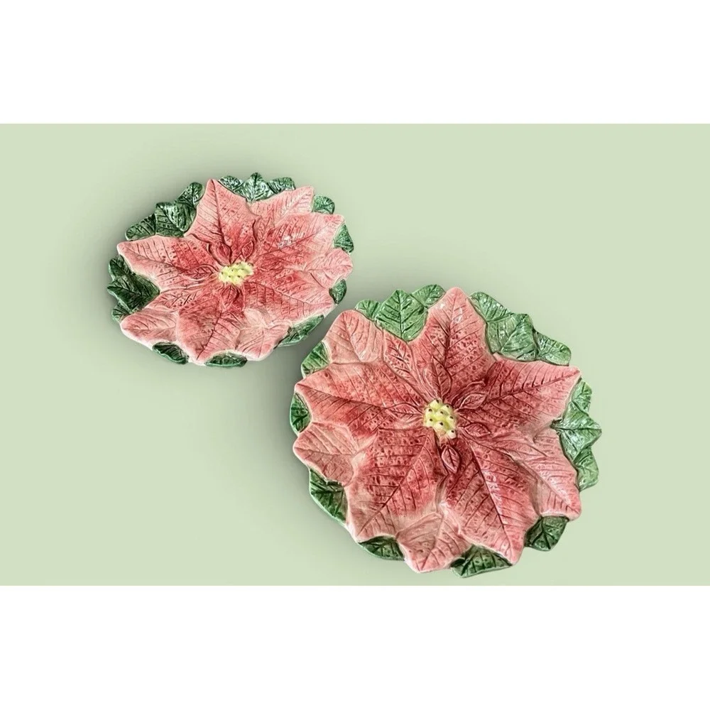 2 Fitz & Floyd Omnibus Poinsettia Christmas Dessert Snack Canape Plates Vintage